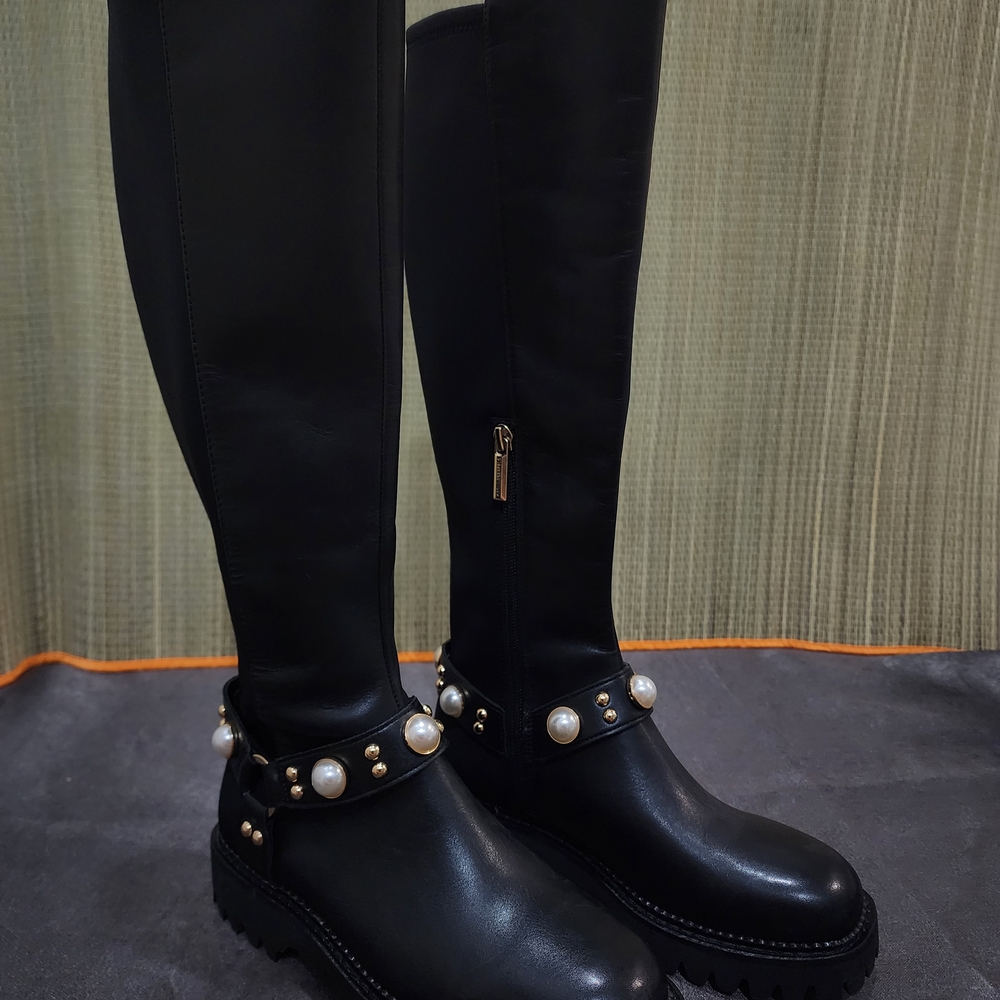 Elegant Karl Lagerfeld Black Knee-High Boots with Pearl Detailing